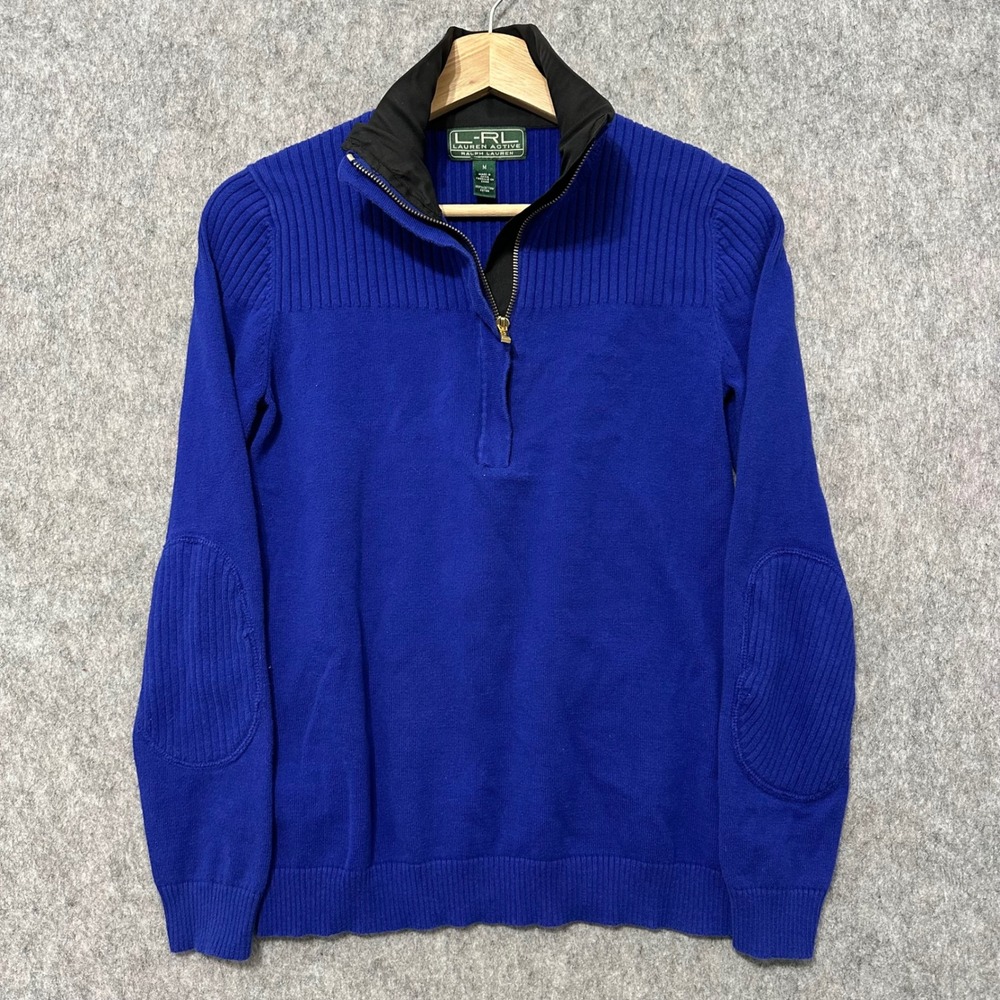 Lauren Ralph Lauren Active Womens Blue Cotton Ribbed 1/4 Zip Pullover Sweater M‎